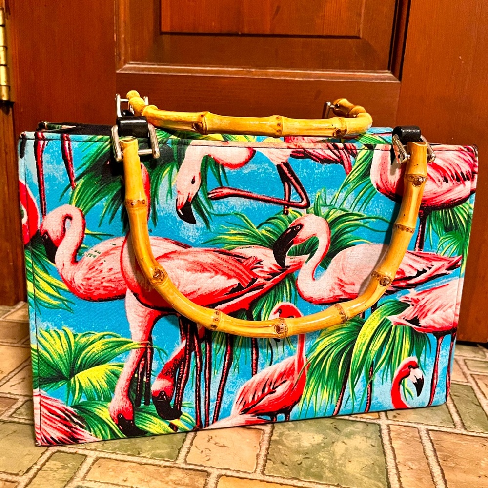 Viva Dulce Marina Flamingo Print Purse with bamboo handles